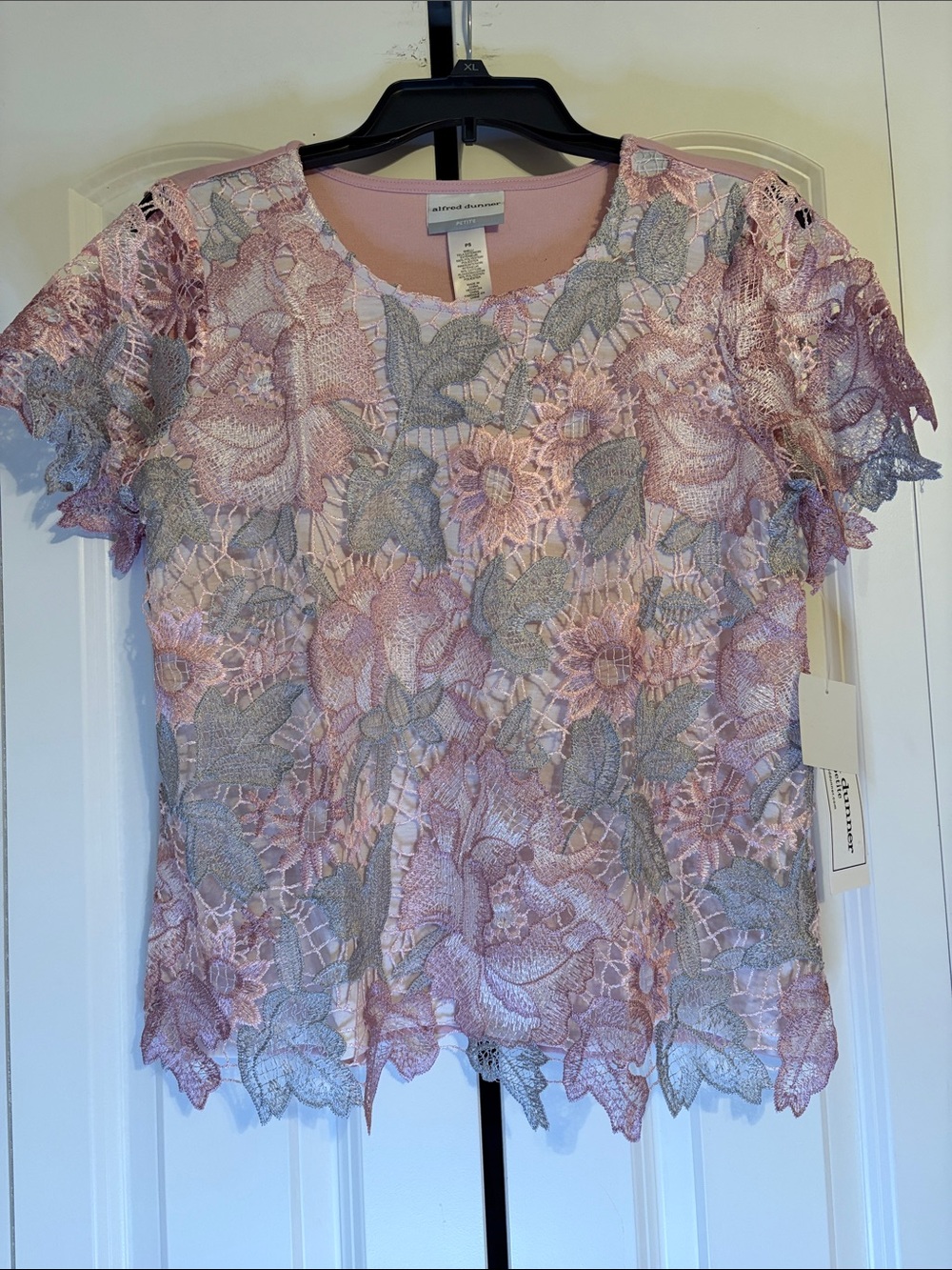 Alfred Dunner Pink and Gray Floral Lace Short Sleeve Blouse